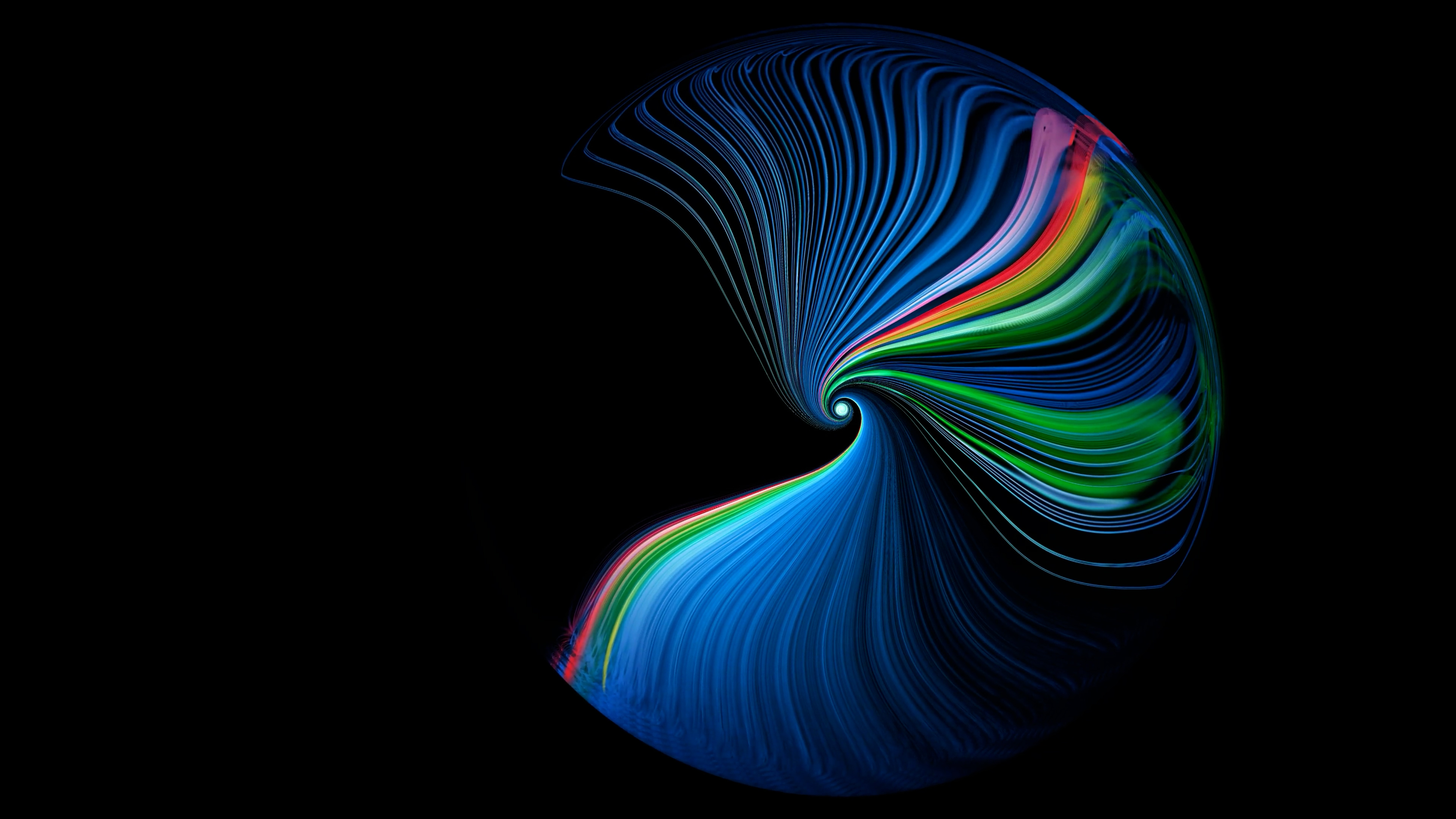 A dynamic abstract image featuring a swirling pattern of blue lines accented with streaks of green, red, and yellow, set against a deep black background. The composition creates a sense of motion and energy, resembling a digital or light painting. The vivid colors and flowing shapes evoke a modern, futuristic mood.