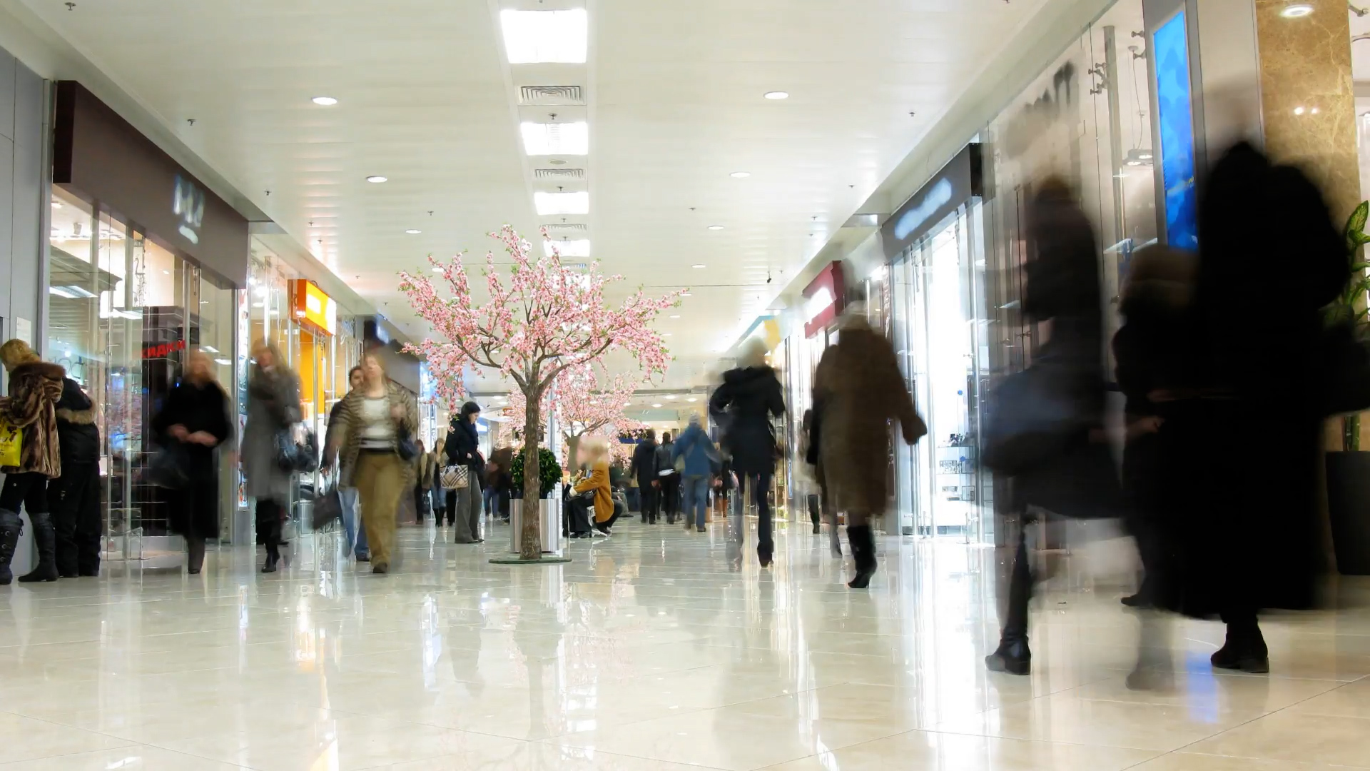 A bustling shopping mall corridor with blurred motion of people walking. The center features a decorative cherry blossom tree, adding a touch of nature to the modern indoor setting. Bright lighting and storefronts create a lively atmosphere.