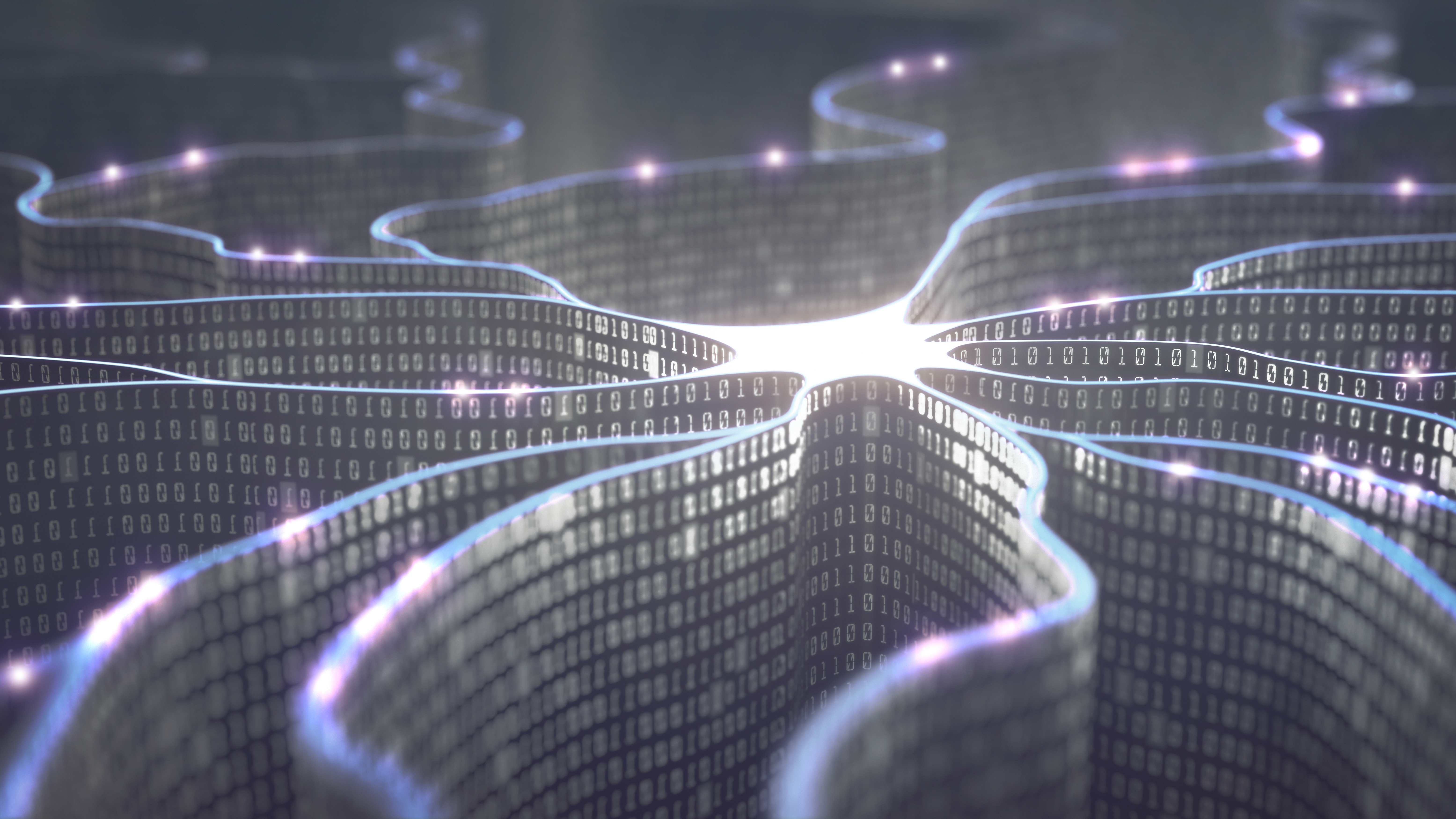Artificial neuron in concept of artificial intelligence. Wall-shaped binary codes make transmission lines of pulses and/or information in an analogy to a microchip. Neural network and data transmission.