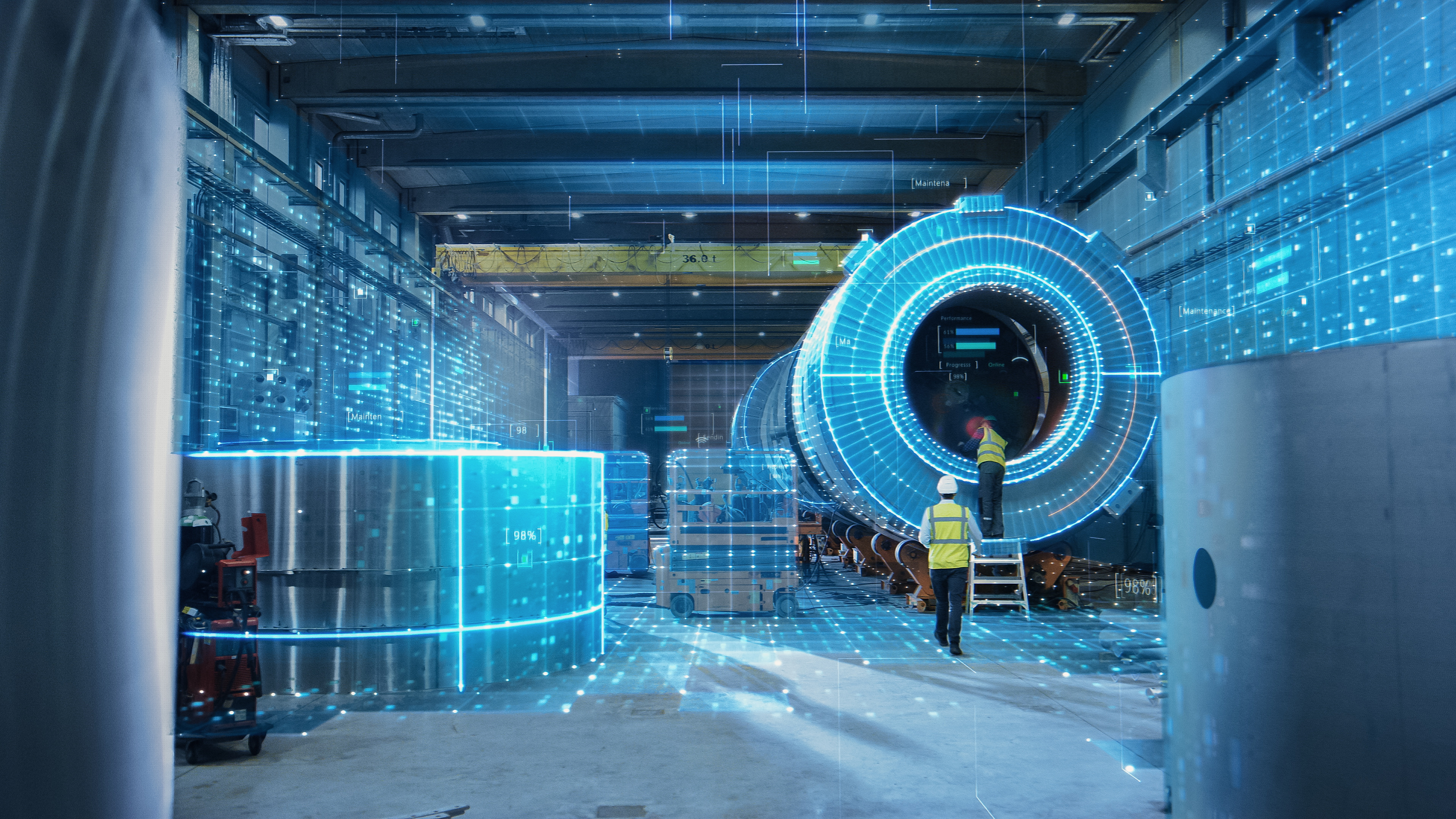 Futuristic Technology: Team of Engineers and Professionals Workers in Industry Manufacturing Factory that is Visualized with Graphics into Connected Automated Machinery. High-Tech Industry 4.1.