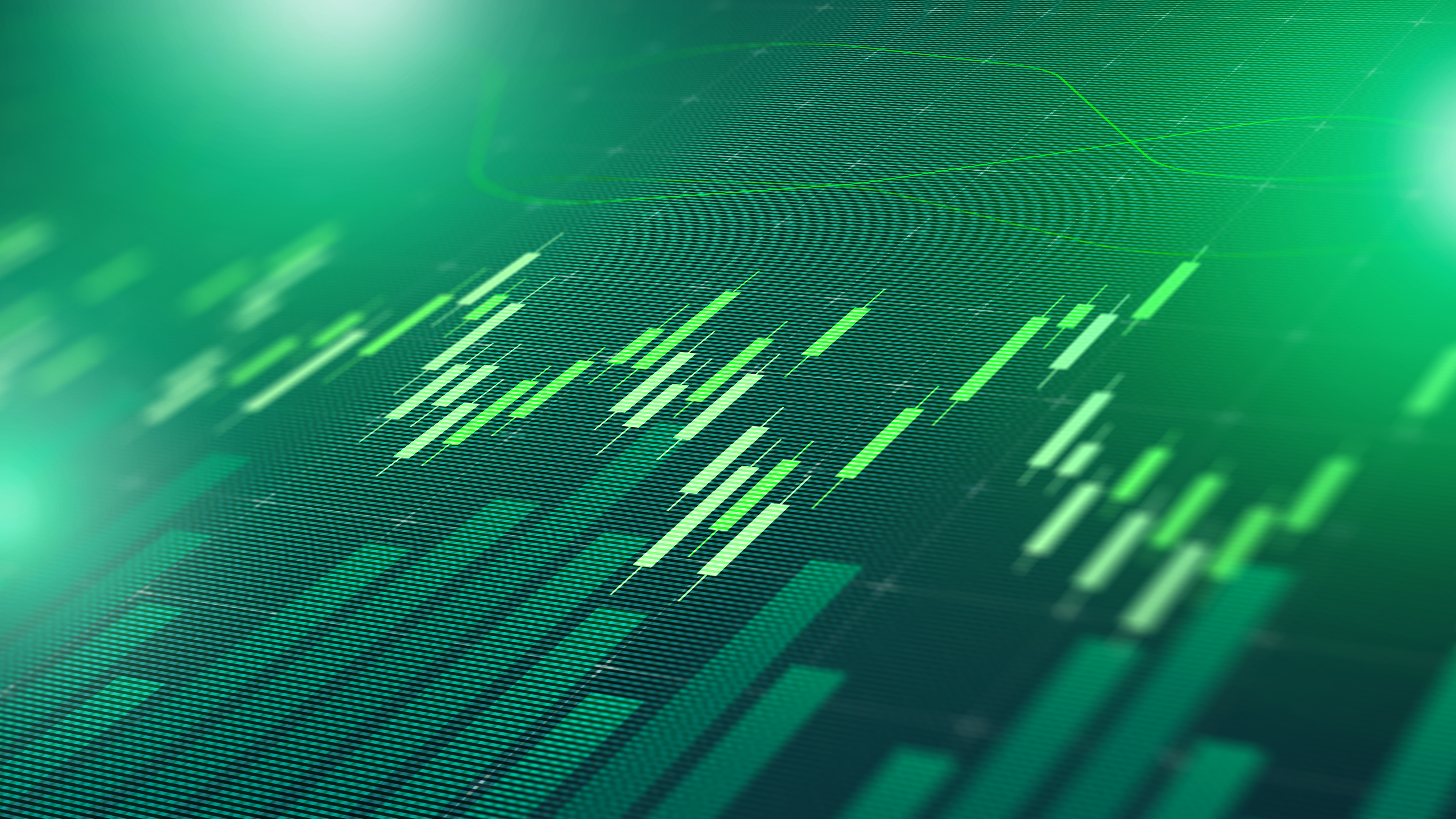 Digital display shows stock market trends with green bars and lines representing data points.