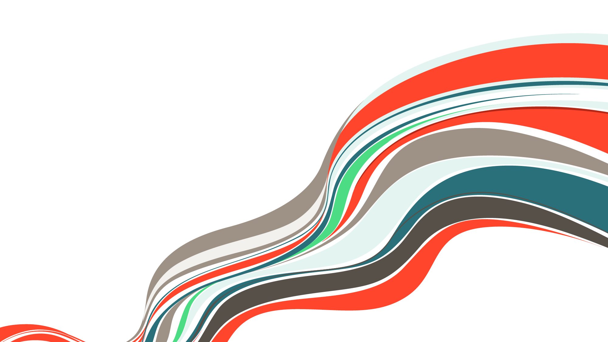 An abstract design featuring flowing, multicolored waves against a clean white background. The composition includes vibrant red, teal, gray, and white tones, creating a dynamic and modern visual. The curved lines evoke movement and fluidity, suitable for creative or artistic contexts.